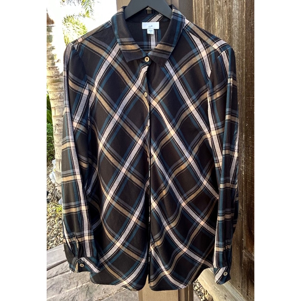 J.Jill Plaid Button Front Shirt Womens L Blue Brown Cotton TENCEL Long Sleeve